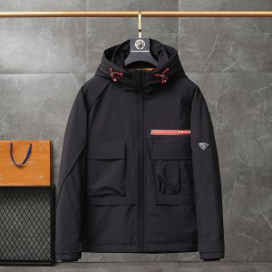 Replica Prada Short Down Jacket for Men , Ski Down Jacket with Hood Black-2