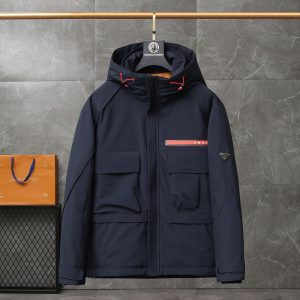 Replica Prada Short Down Jacket for Men , Ski Down Jacket with Hood Dark Blue-2