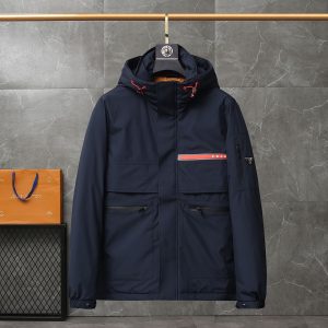 Replica Prada Short Down Jacket for Men , Ski Down Jacket with Hood Dark Blue-3