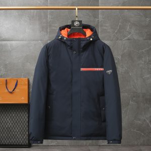 Replica Prada Short Down Jacket for Men , Ski Down Jacket with Hood Dark Blue