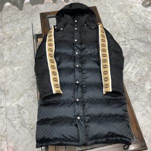 Replica Gucci Long Down Jacket with Sleeve Stripe, Puffer Down Coat Black