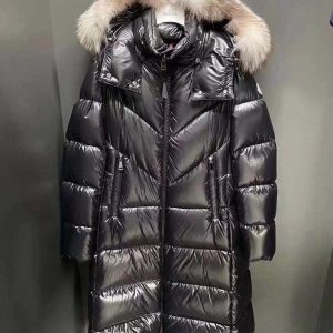 Moncler Women's Long Down Jacket with Fur Belt Black