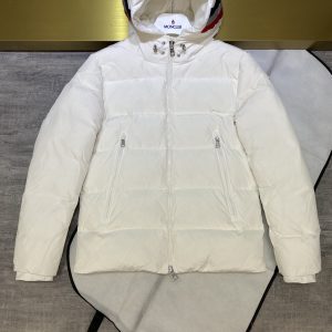 Moncler Short Down Jacket with Reflective Stripe Hood White