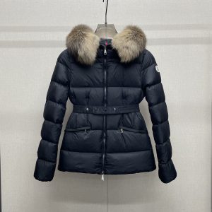 Replica Moncler Short Down Jacket Waist-Cinched with Large Fur Collar Black