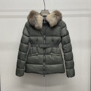 Replica Moncler Short Down Jacket Waist-Cinched with Large Fur Collar Green