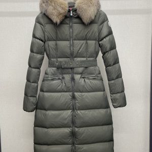 Replica Moncler Long Down Jacket Waist-Cinched Puffer Coat with Large Fur Collar Green