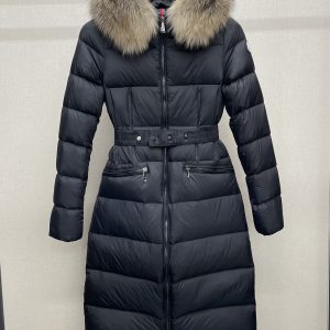 Replica Moncler Long Down Jacket Waist-Cinched Puffer Coat with Large Fur Collar Black