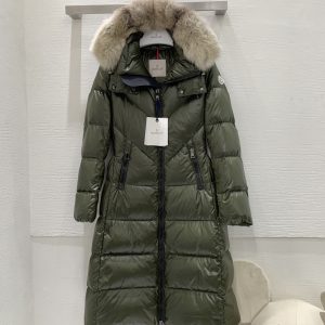 Moncler Women's Long Down Jacket with Fur Hood Green