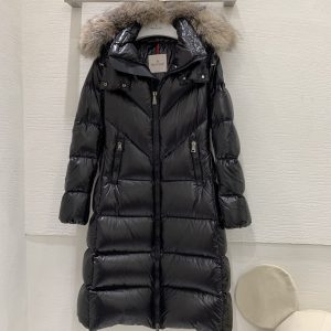 Moncler Women's Long Down Jacket with Fur Hood Black