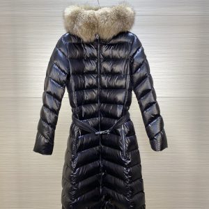 Moncler Women's Long Down Jacket with Fur Hood Glossy Black