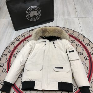 Canada Goose Fur Hooded Bomber Down Jacket White