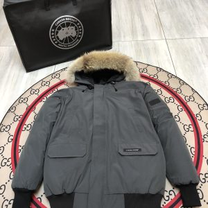 Canada Goose Fur Hooded Bomber Down Jacket Dark Grey