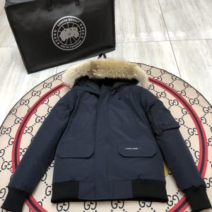 Canada Goose Fur Hooded Bomber Down Jacket Dark Blue