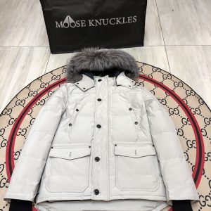 replica Moose Knuckles Men Short Down Jacket with Grey Fur Collar -White