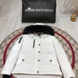 replica Moose Knuckles Women Short Down Jacket with Black Fur Collar -White