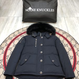 replica Moose Knuckles Women Short Down Jacket with Fur Collar Blue