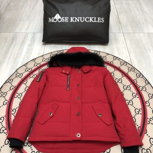 replica Moose Knuckles Women Short Down Jacket with Fur Collar Red