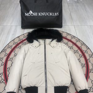 Moose Knuckles Men Short Down Jacket with Fur Collar White