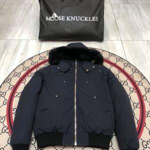 replica Moose Knuckles Men Short Down Jacket with Fur Collar Dark Blue