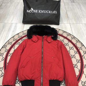 Moose Knuckles Men Short Down Jacket with Fur Collar Red