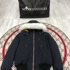 replica Moose Knuckles Men Short Down Jacket with Fur Collar Dark Blue Gold Zip