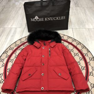 replica Moose Knuckles Men Short Down Jacket with Black Fur Collar -Red