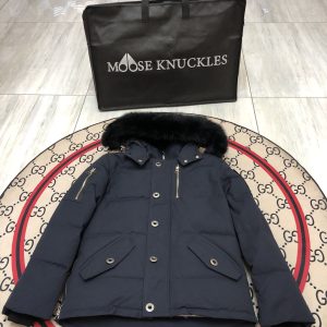 replica Moose Knuckles Men Short Down Jacket with Black Fur Collar -Blue