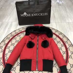 replica Moose Knuckles Women Short Down Jacket with Fur Collar Red