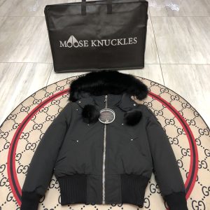 replica Moose Knuckles Women Short Down Jacket with Fur Collar Dark Grey