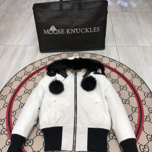 replica Moose Knuckles Women Short Down Jacket with Fur Collar White