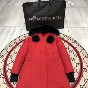 Moose Knuckles Women Long Down Jacket with Fur Collar – Red