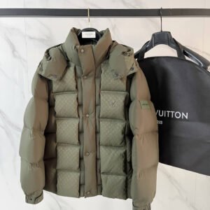 Louis Vuitton–Style Damier Pattern Collar Rise Puffer Jacket – Olive Green - Louis Vuitton puffer jacket real photo 1