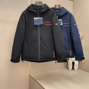 Prada Re-Nylon Puffer Jacket with Red Stripe Logo Plaque – Black & Navy - Prada puffer jacket real photo 1