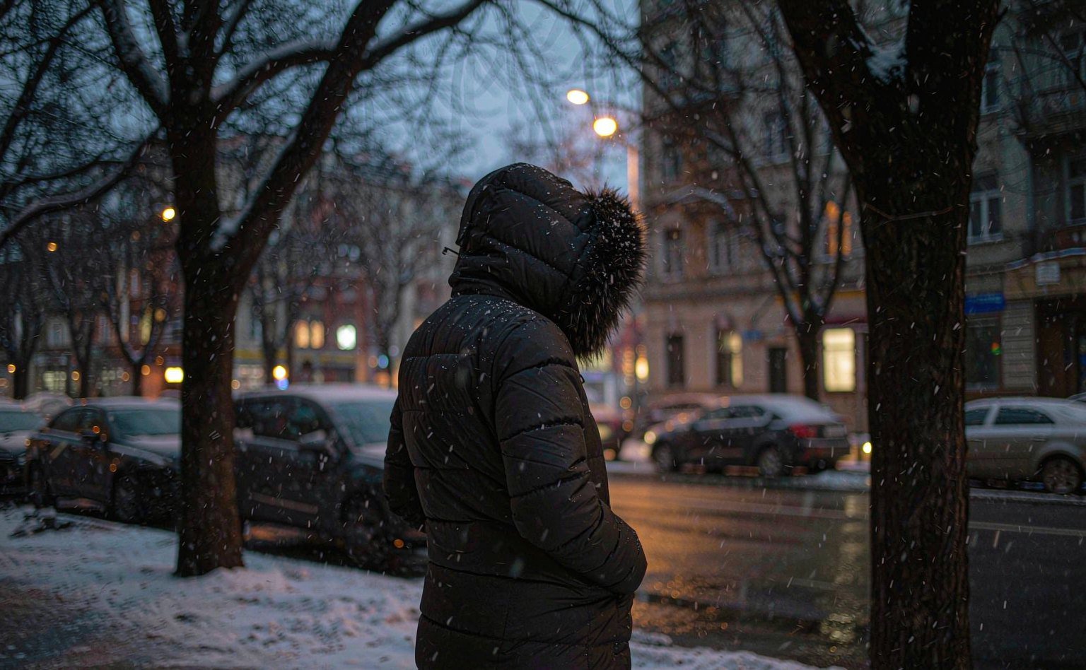 Heavy down parka with fur-trimmed hood worn on a snowy city street at dusk