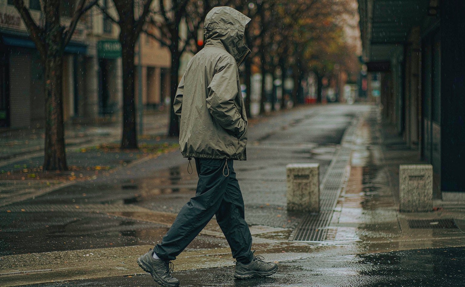 Person in an olive technical hooded shell jacket walking on a wet city street in autumn