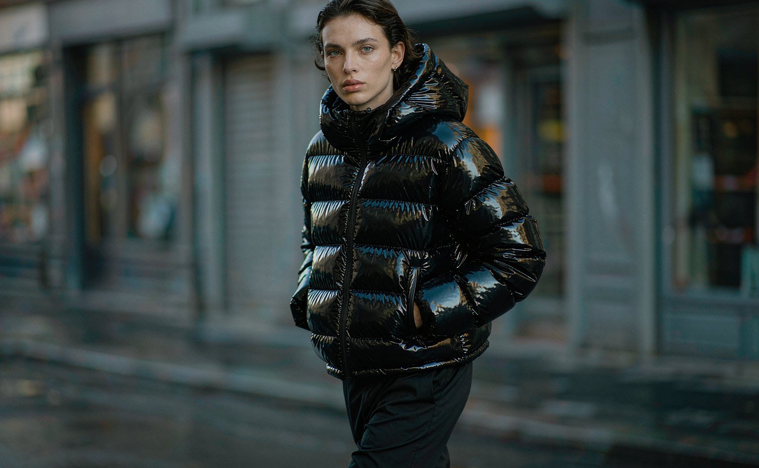 Person in a glossy black short puffer jacket with horizontal boudin channels walking on a wet city street