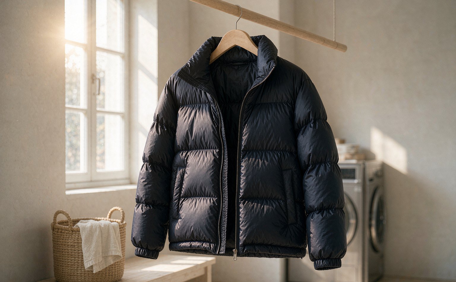 Dark navy quilted down puffer jacket on a wide wooden hanger in a bright airy utility room, morning light through a tall window