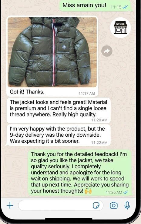 WhatsApp customer review screenshot praising the Moncler Mayabeille glossy puffer jacket quality and 9-day delivery