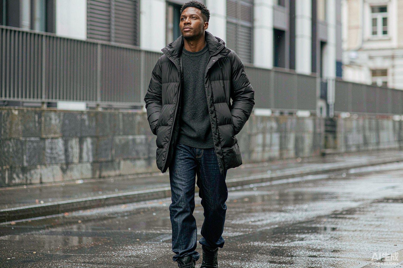 Model in a black quilted down puffer jacket walking a wet city street on an overcast winter morning, hands in pockets