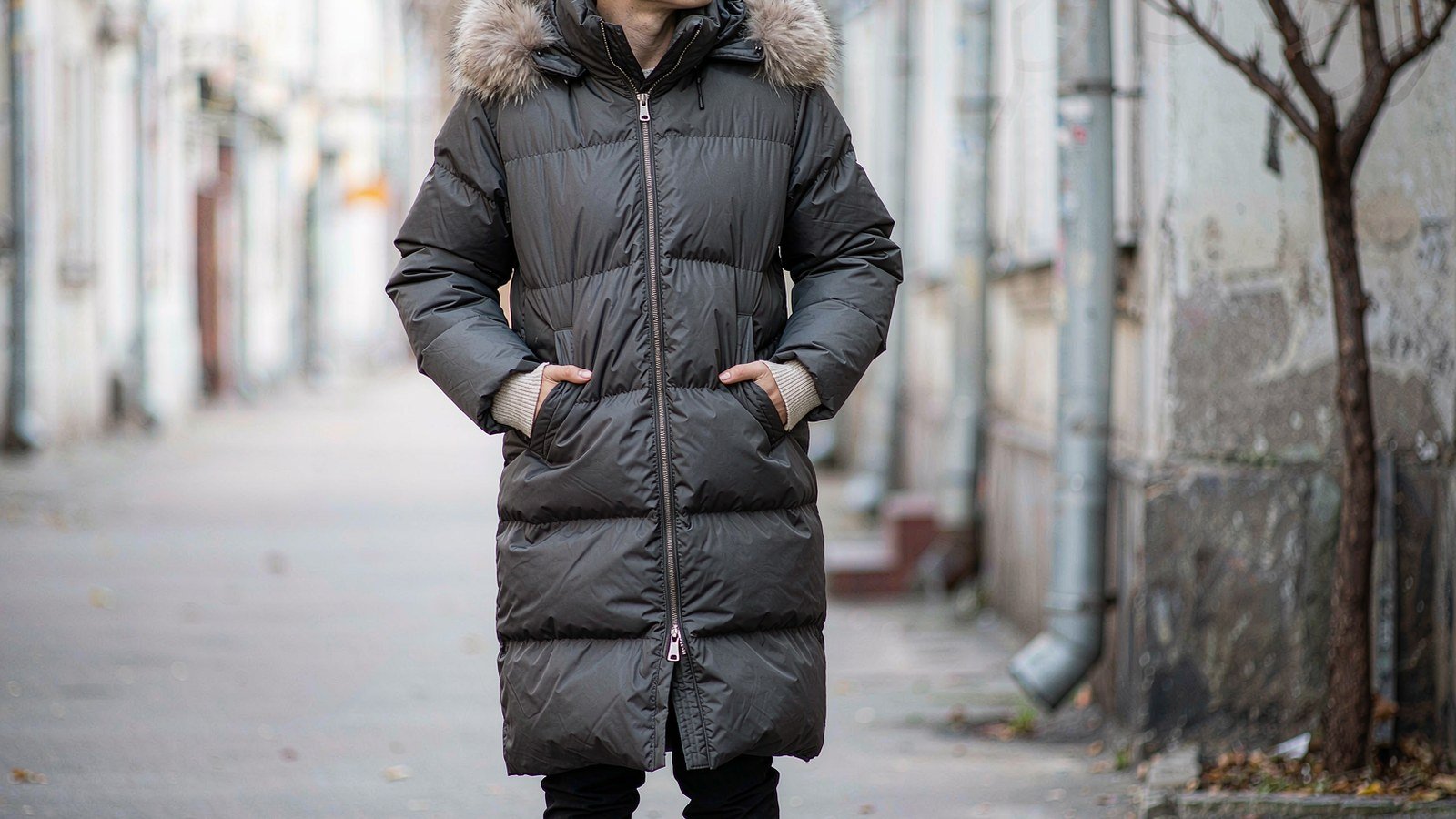 Model wearing a dark grey long puffer parka standing on a snowy winter street with storefronts behind