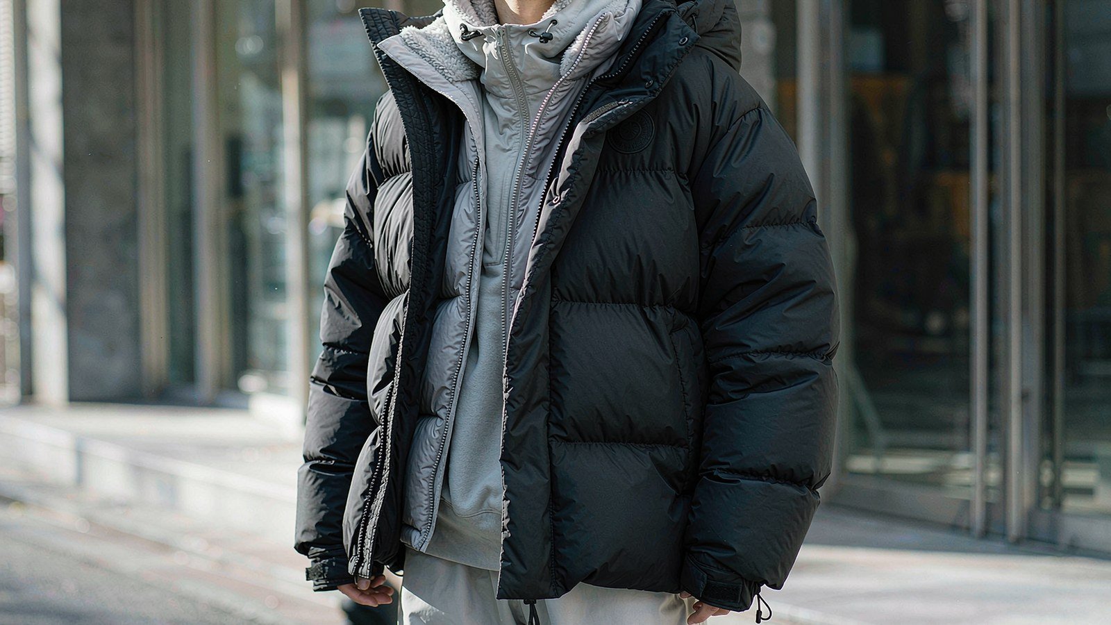 Model wearing a black down puffer vest over a gray hoodie, layered winter street style outdoors