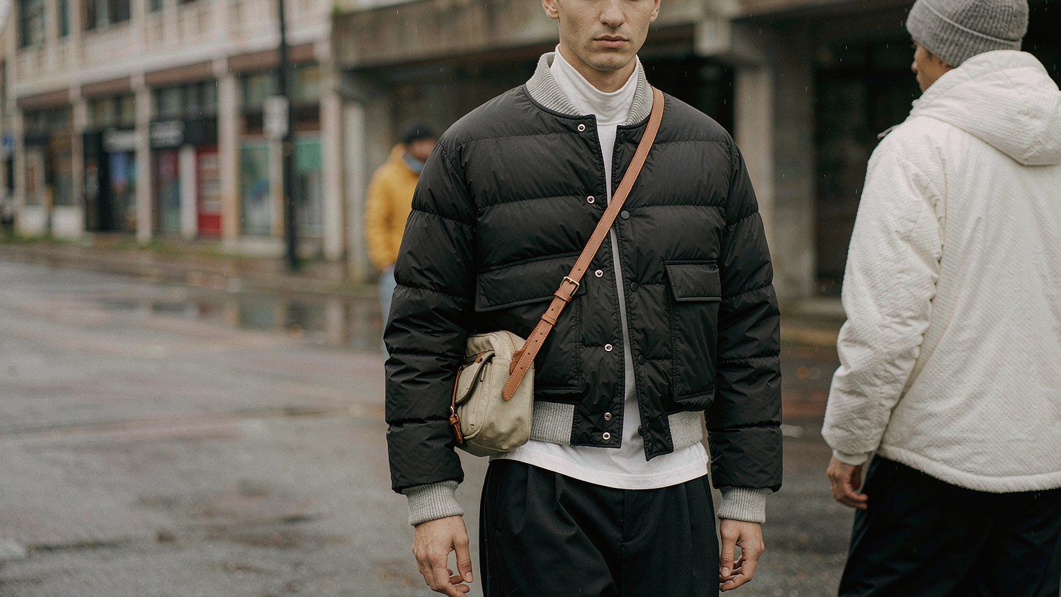 Model in a black cropped down bomber jacket standing on a cold grey city sidewalk