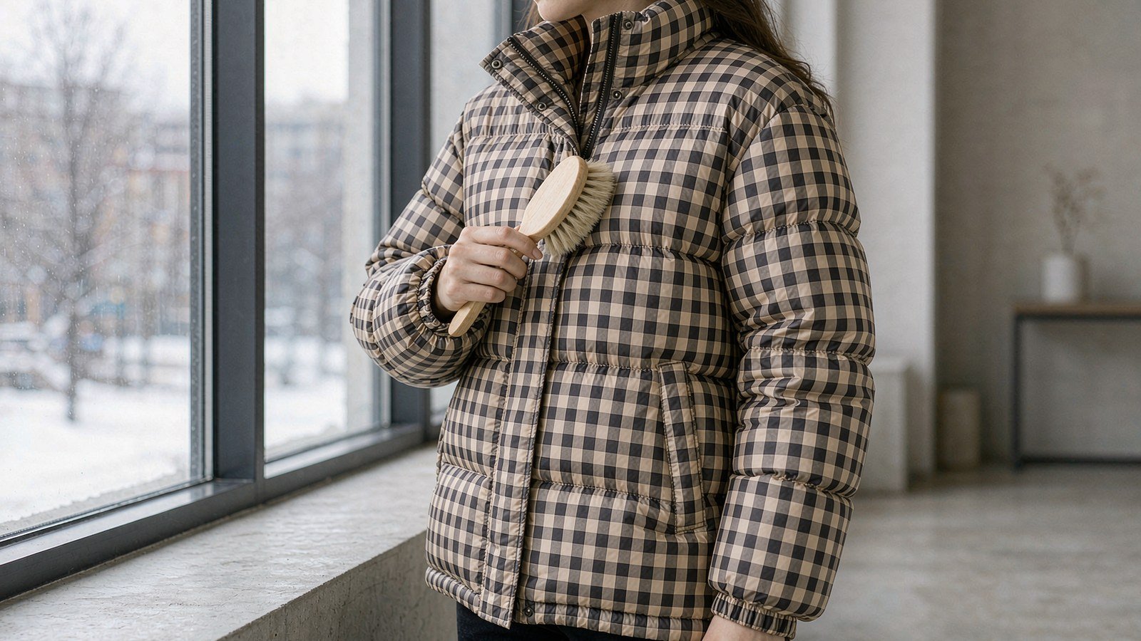 Model in a beige and black check-pattern quilted puffer holding a soft clothes brush by a bright window